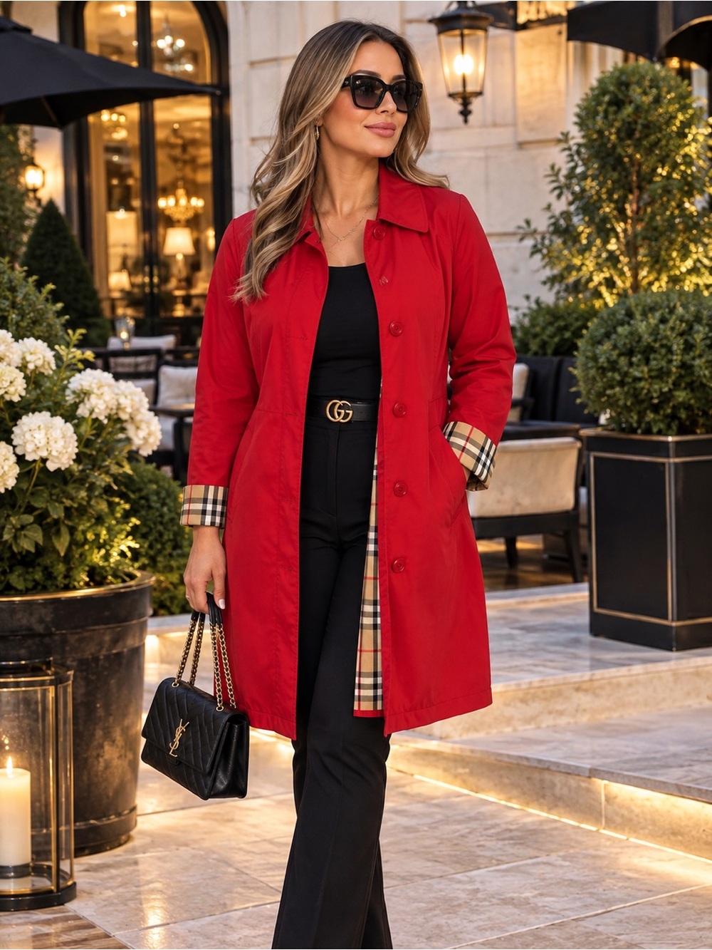 Burberry Red Trench Coat with Plaid Trim